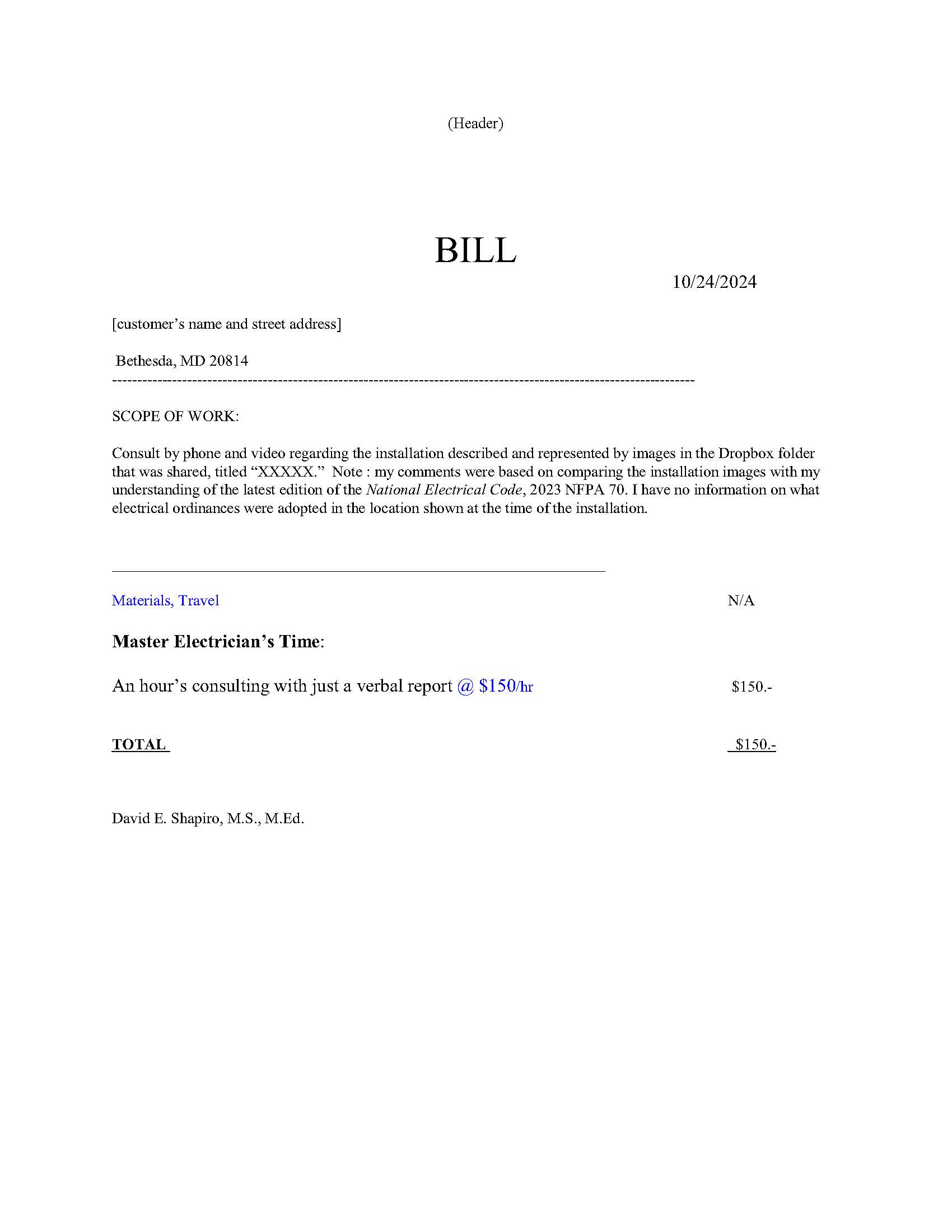 Invoice for an hour's consultation via phone and email